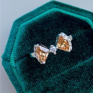 18K White Gold Genuine Citrine Pave Diamonds Bow Ring